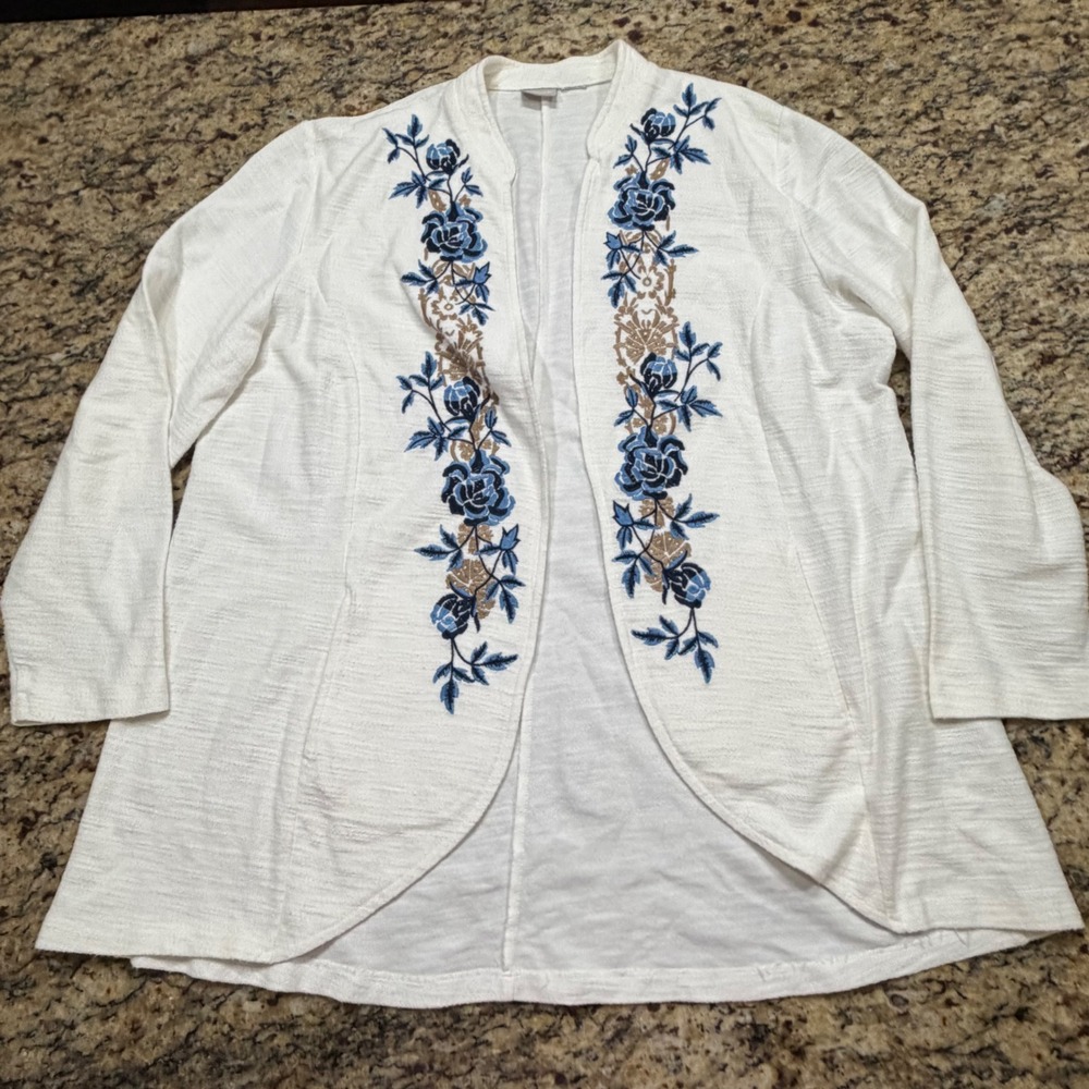 Chicos Zenergy Womens White Floral Embroidered Open Front Cardigan Jacket Size 3